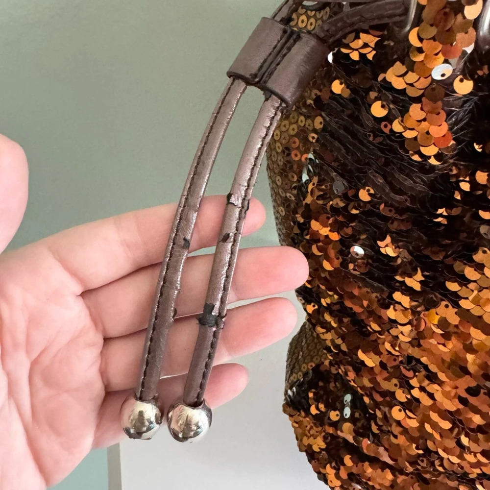 NICOLE LEE  USA Shoulder Satchel Bag Golden Sequins Embellished Drawstring Brown - Picture 5 of 15